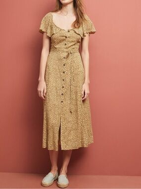 Anthropologie Bolano leopard print dress ruffle sleeves button down sz 2 no belt